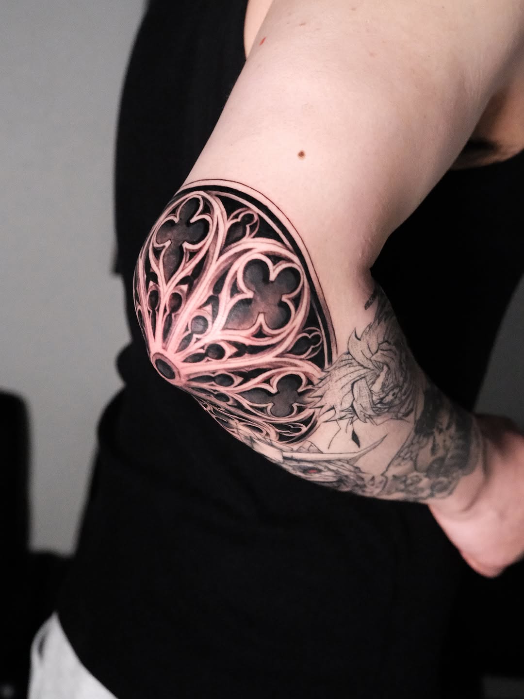 Gothic window frame geometric tattoo on the forearm by Bay Area Tattoo Artist