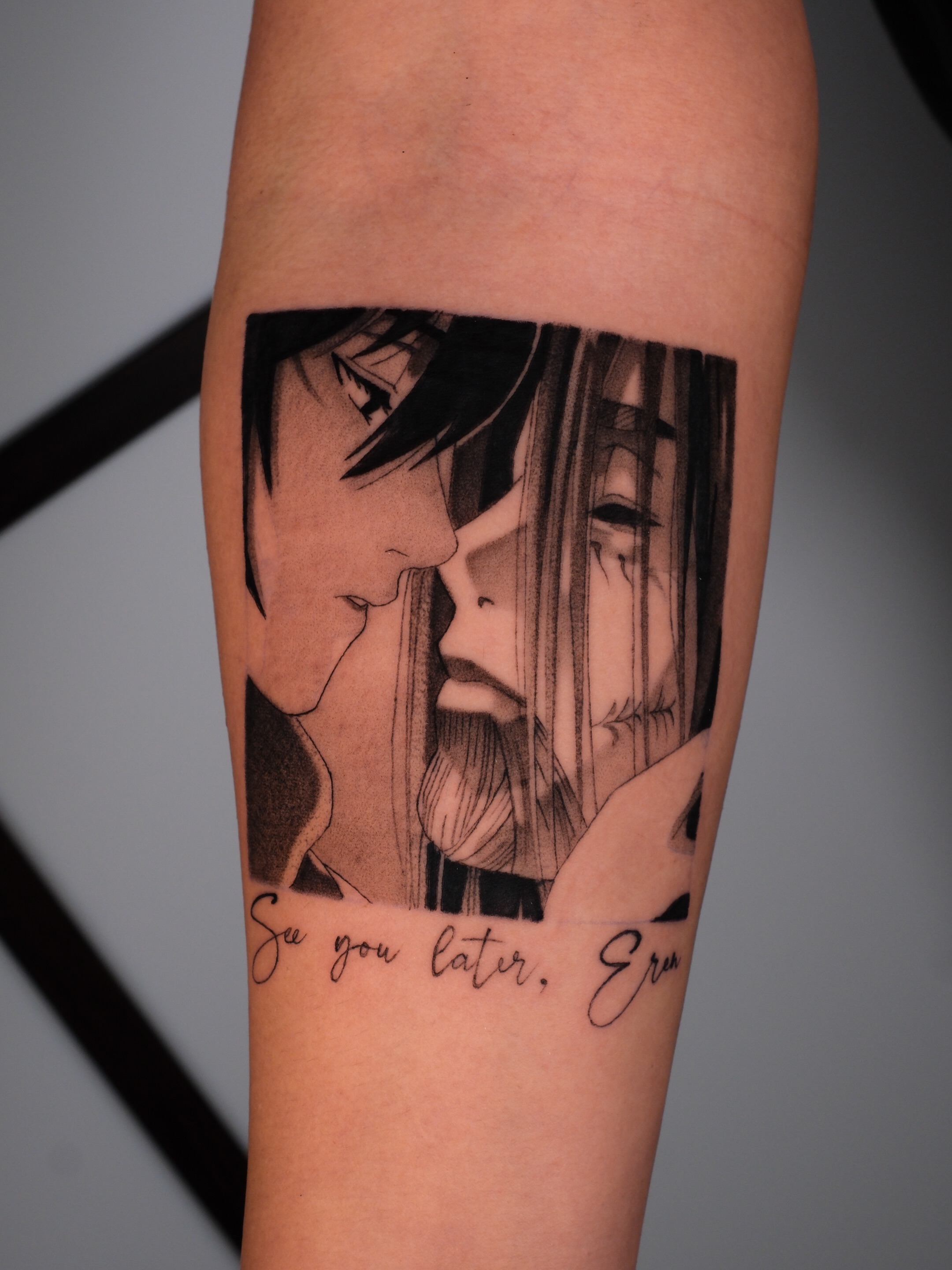 Anime couple anime tattoo on the forearm by Yakir, Houston, Texas