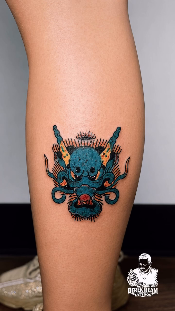 Hannya mask tattoo American traditional tattoo on the leg by Derek Ream