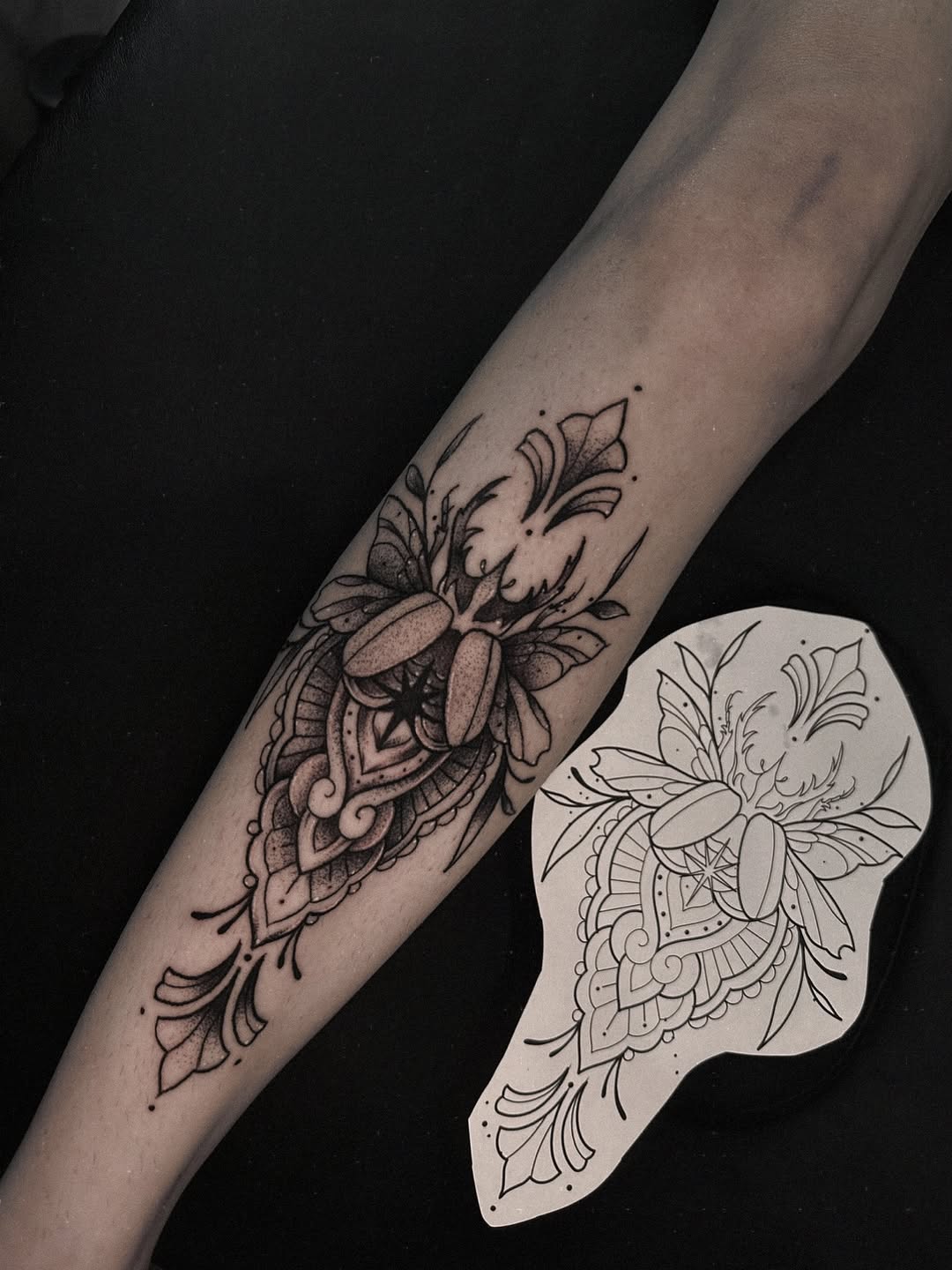 Beetle with mandala ornamental tattoo on the forearm by E L I Z A H B e T H H D e S I G N S
