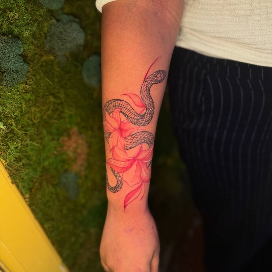Snake and flower new school tattoo on the forearm by 🌸Cinthia ちゃん🌹, New York, New York
