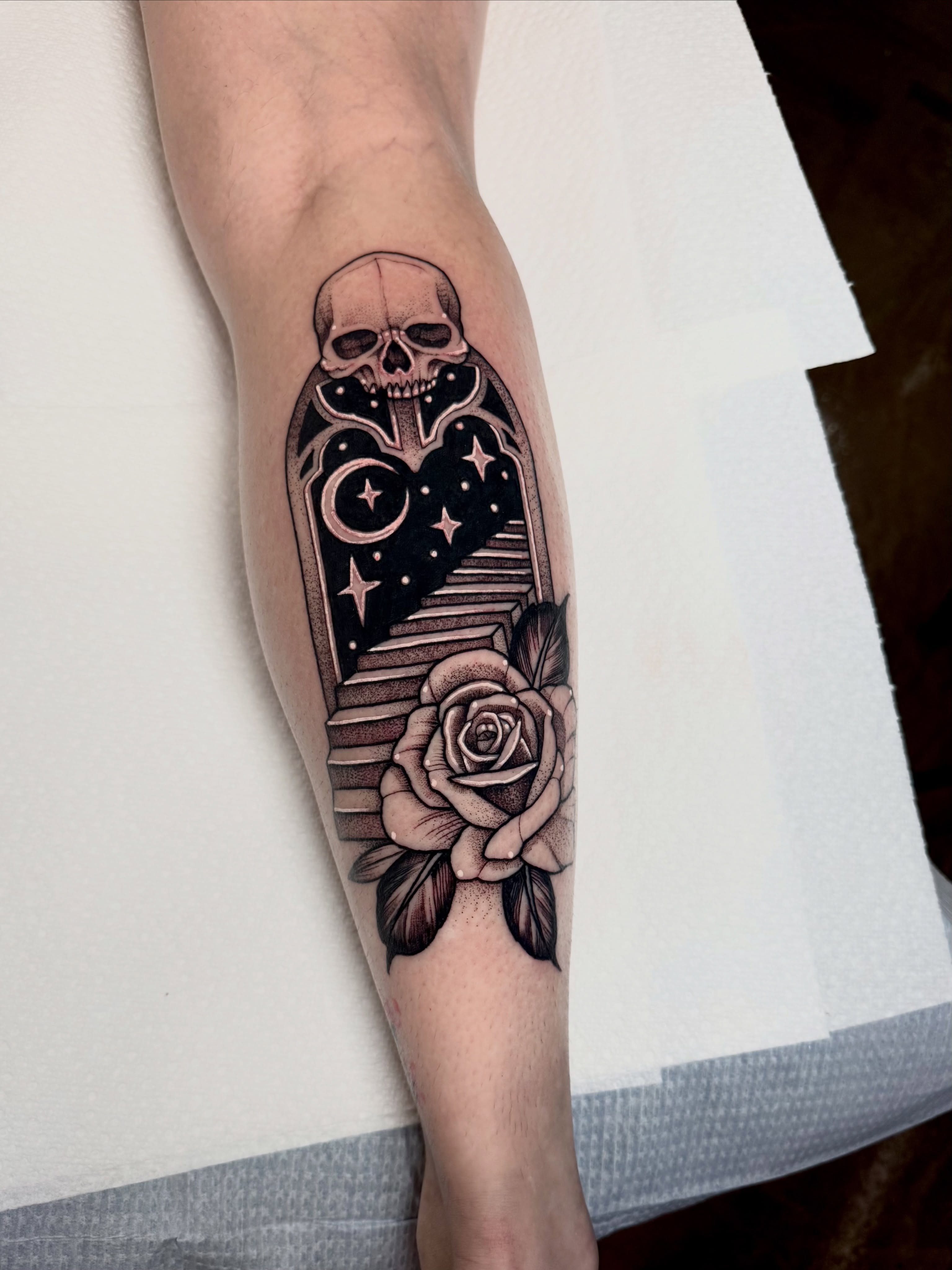 Skull and rose black and grey tattoo on the forearm by ⚡️ Krissy Fabis ⚡️