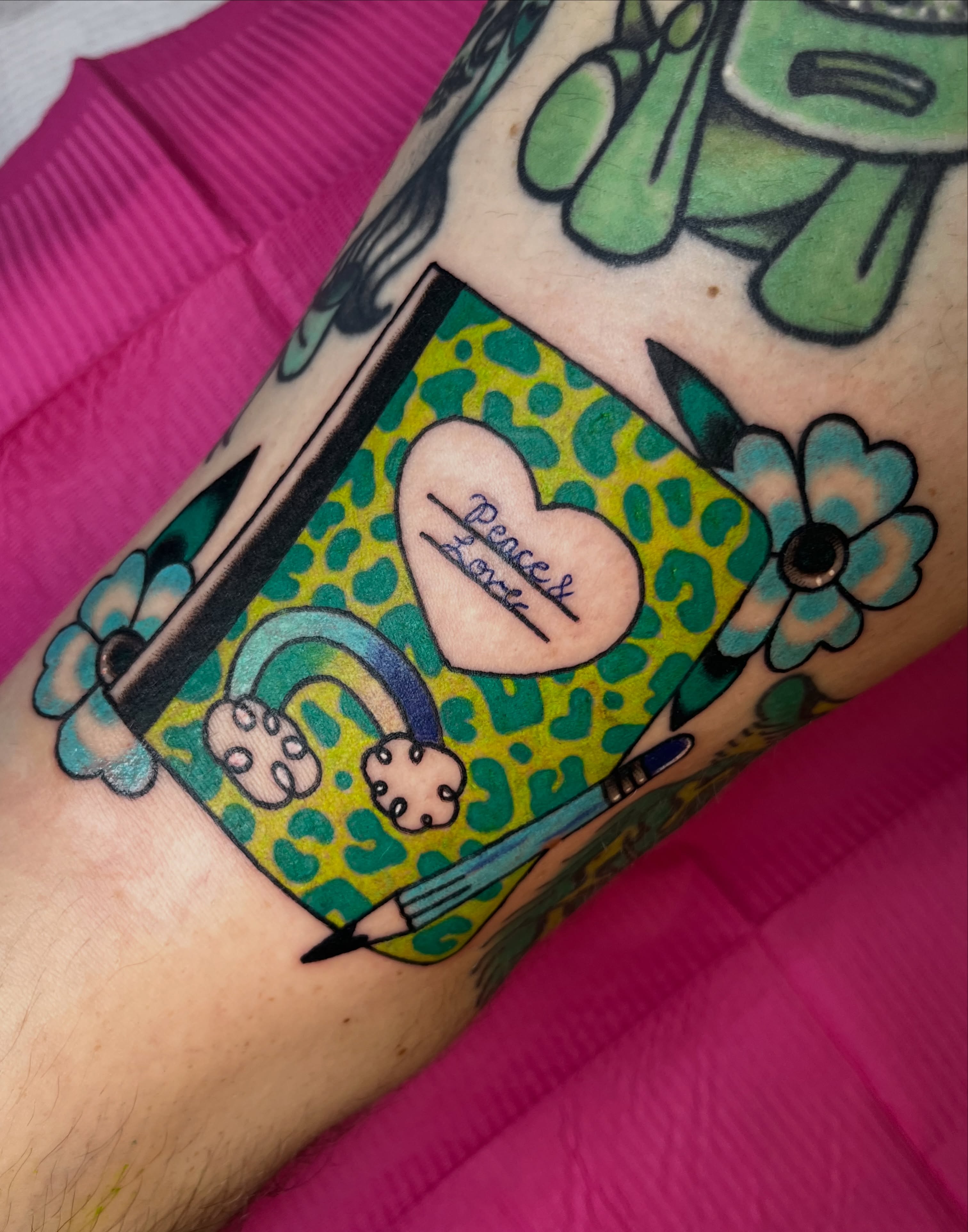 Heart with text new school tattoo on the forearm by Cincinnati Tattoo Artist, Cincinnati