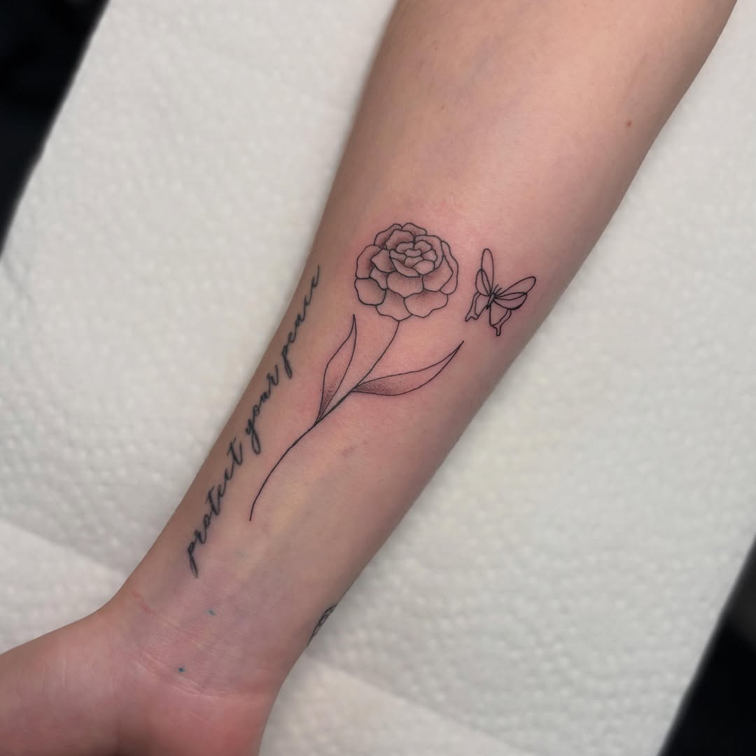 Rose and butterfly fine line tattoo on the forearm by ππ‘ππ―π² πππ₯π₯ππ²