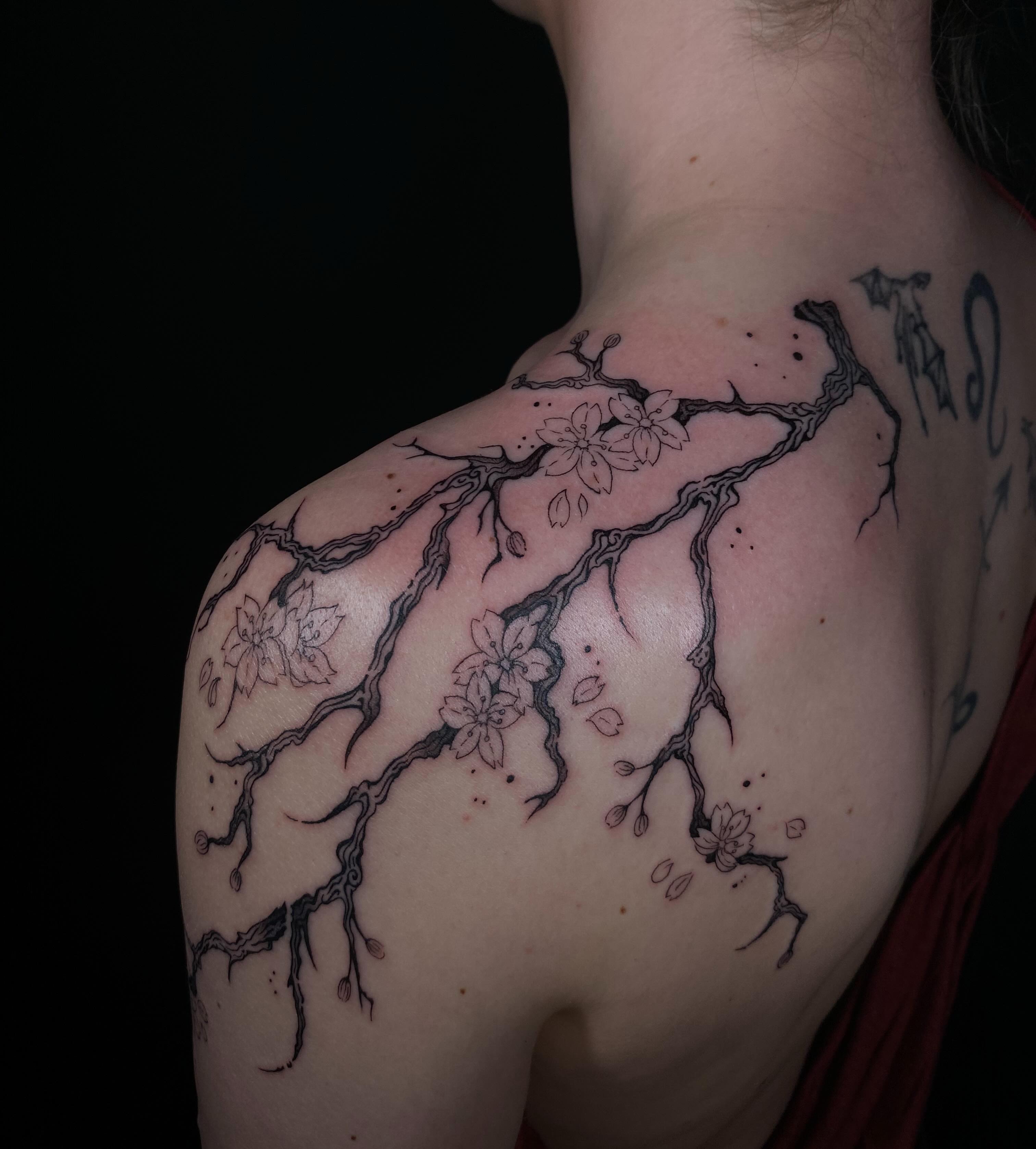 Cherry blossom branches dotwork tattoo on the shoulder by 𝕶𝖆𝖒 ~ 𝕿𝖆𝖙𝖙𝖔𝖔 𝕬𝖗𝖙𝖎𝖘𝖙