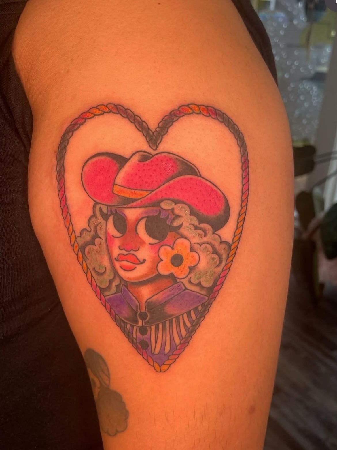 Cowgirl portrait American traditional tattoo on the thigh by Eryn, Portland, Oregon
