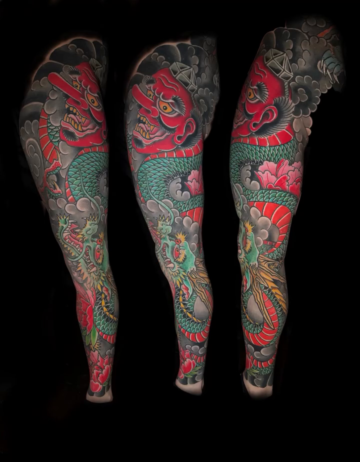 Dragon sleeve tattoo Japanese tattoo on the upper arm by Mark Thompson, Dallas, Texas