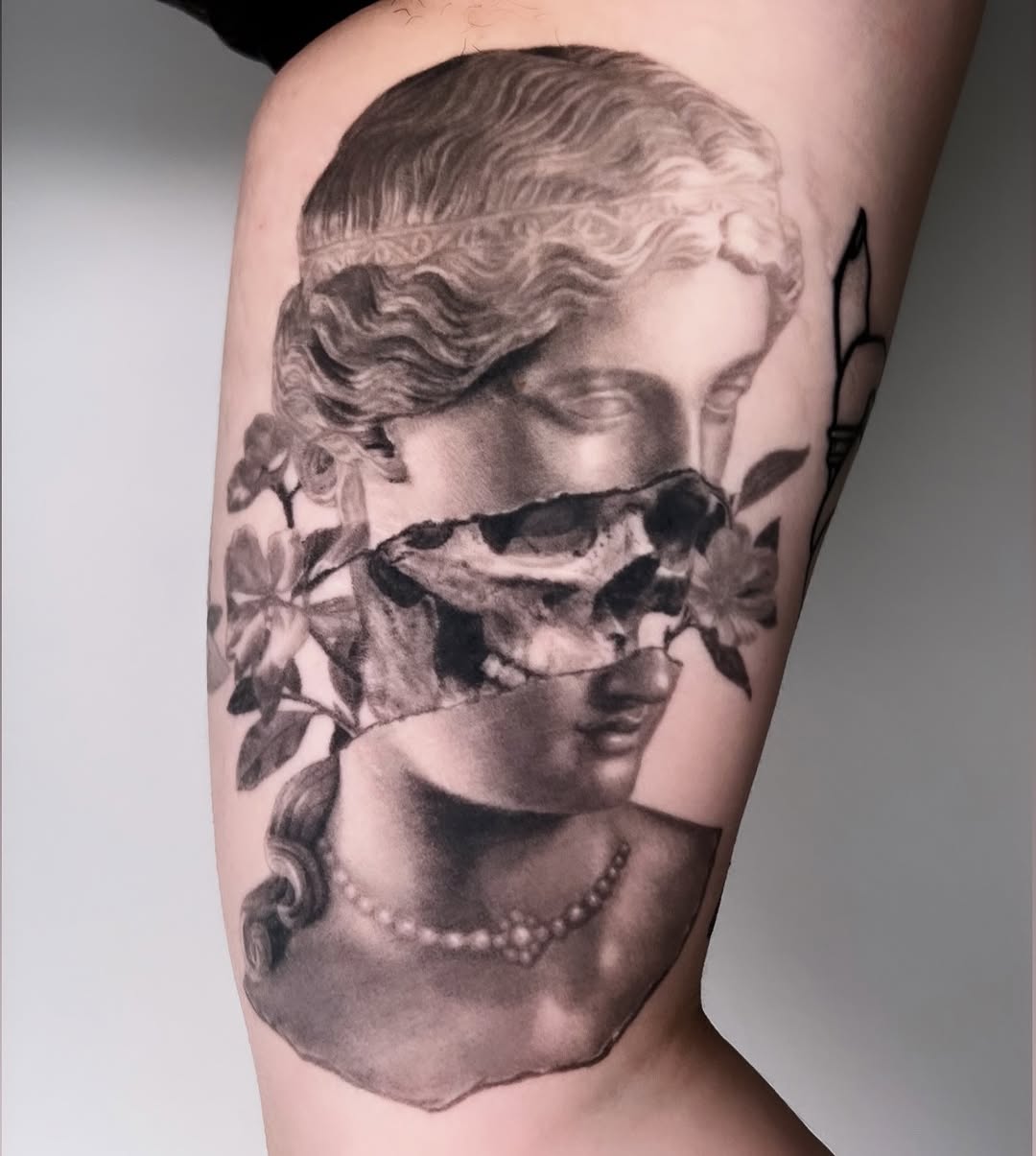 Tattoo by @zombiecattats — realism, black_and_grey