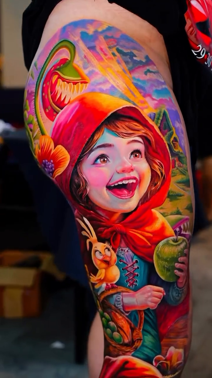 Little Red Riding Hood character neo-traditional tattoo by Hiroto Nguyen, Perth, Western Australia