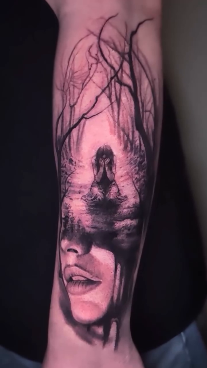 Woman in a dark forest realism tattoo by 💎 Neon