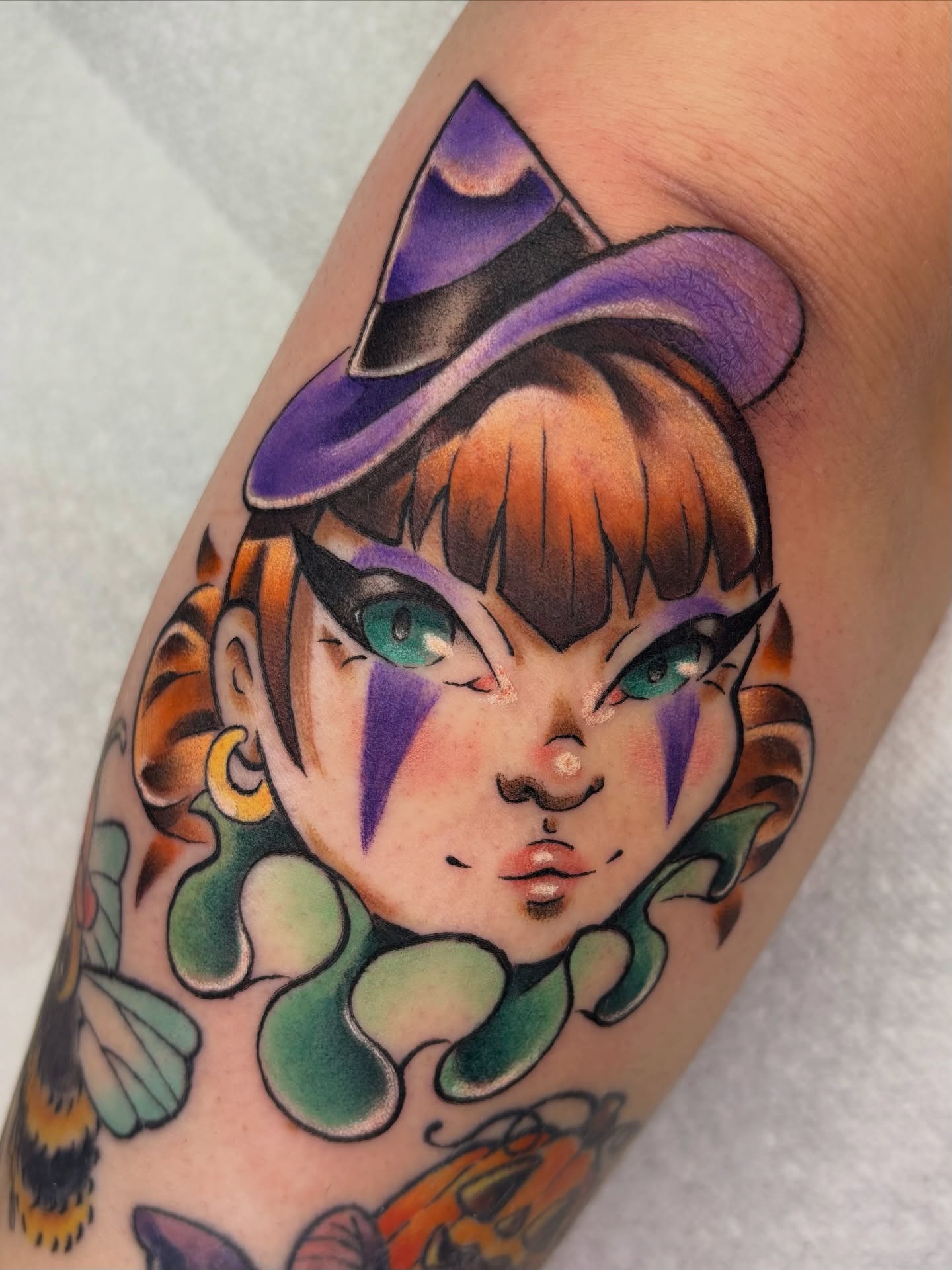Witch girl American traditional tattoo on the forearm by Lilac Rose