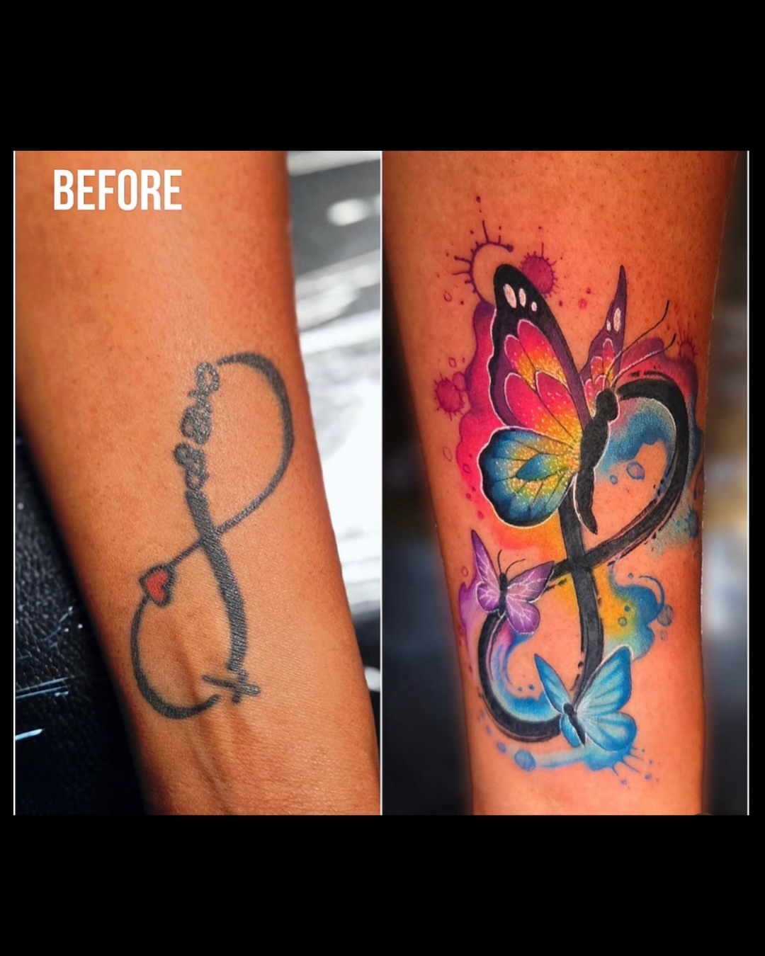 Infinity symbol with butterflies watercolor tattoo on the forearm by ๐๐๐๐
