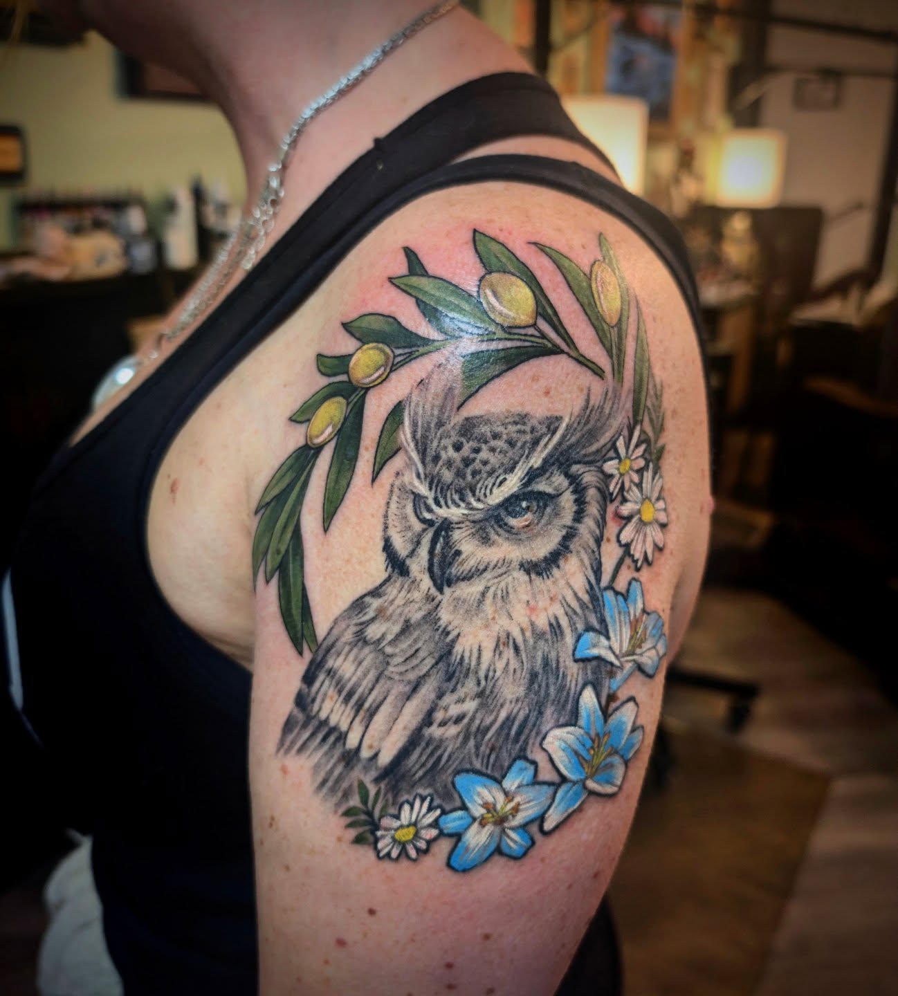 Owl realism tattoo on the shoulder by Ashton Allen-Ruiz, Portland, Oregon