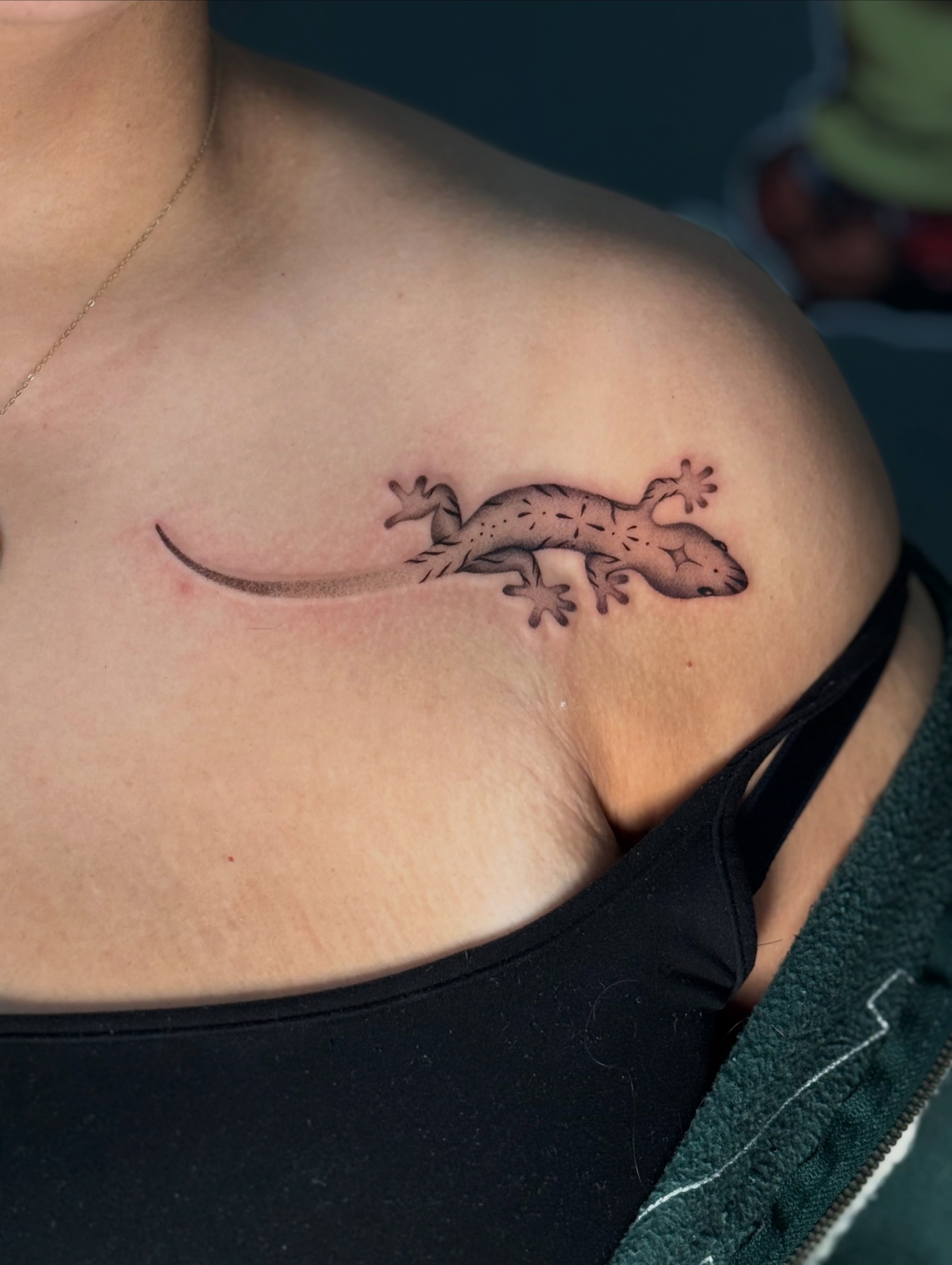 Gecko black and grey tattoo on the chest by jaz🌀