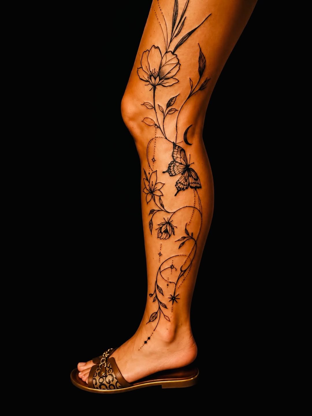 Butterfly, flowers, and vines ornamental tattoo on the calf by Montero Ink™