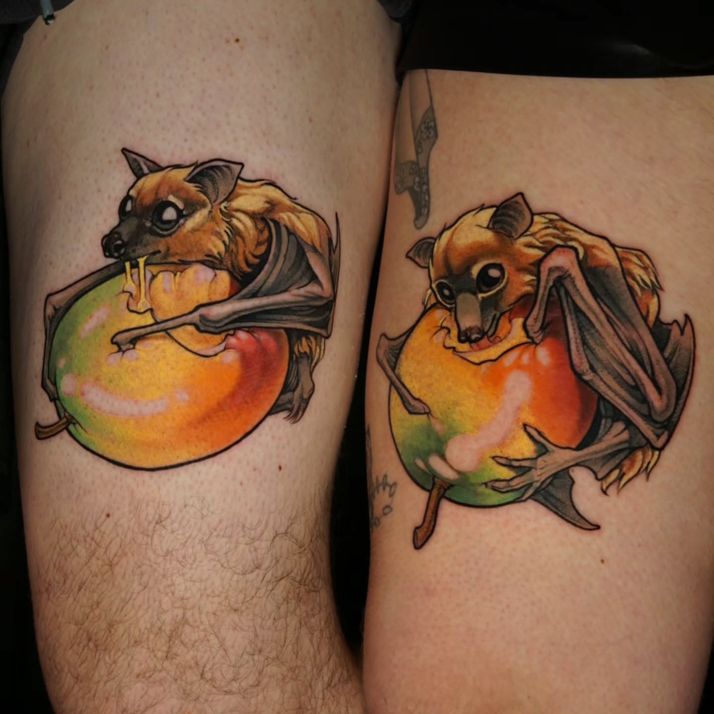 Fruit bat realism tattoo on the thigh by Justin Byrd, Kansas City, Missouri