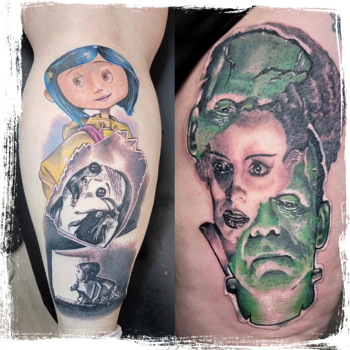 Coraline realism tattoo on the thigh by Gustavo Duarte, Boonton, New Jersey