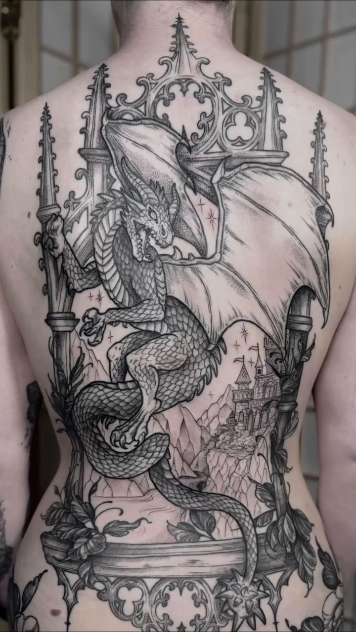 Dragon and gothic architecture dark realism tattoo by Cincinnati