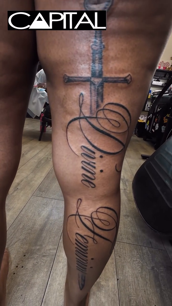 Lettering tattoo on the leg by @cvpital