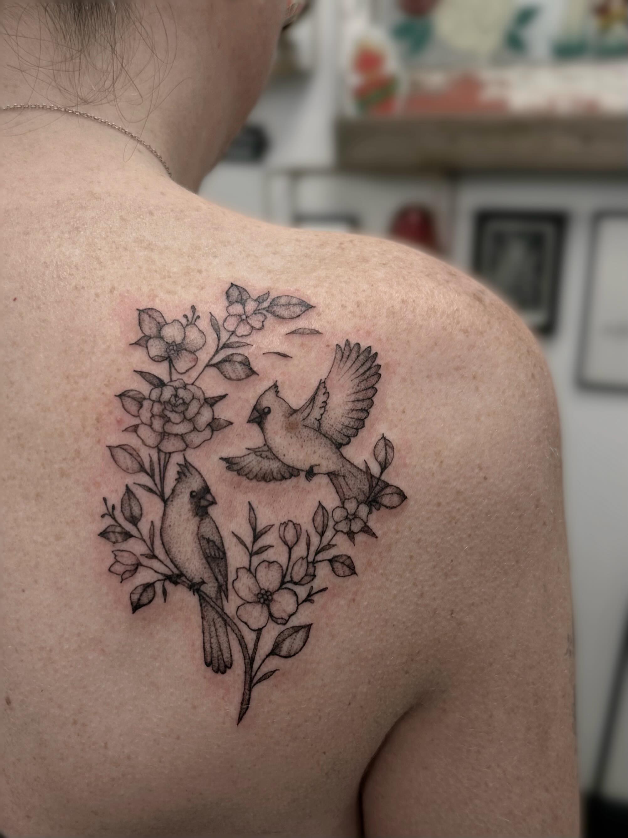 Tattoo by @shroomgrrrl — black_and_grey