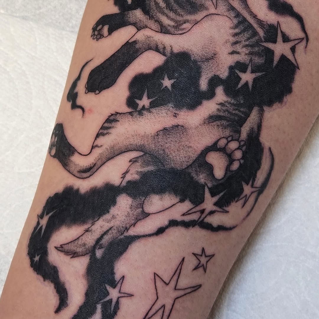 Tattoo by @carshark__ — black_and_grey, dotwork