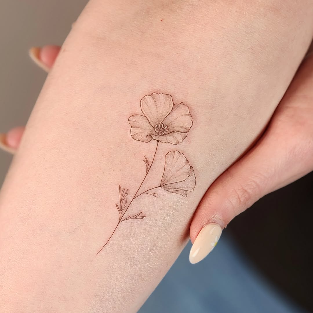 Poppy flower fine line tattoo on the forearm by Tattoo artist - Luciana Dsilva, San Francisco, California