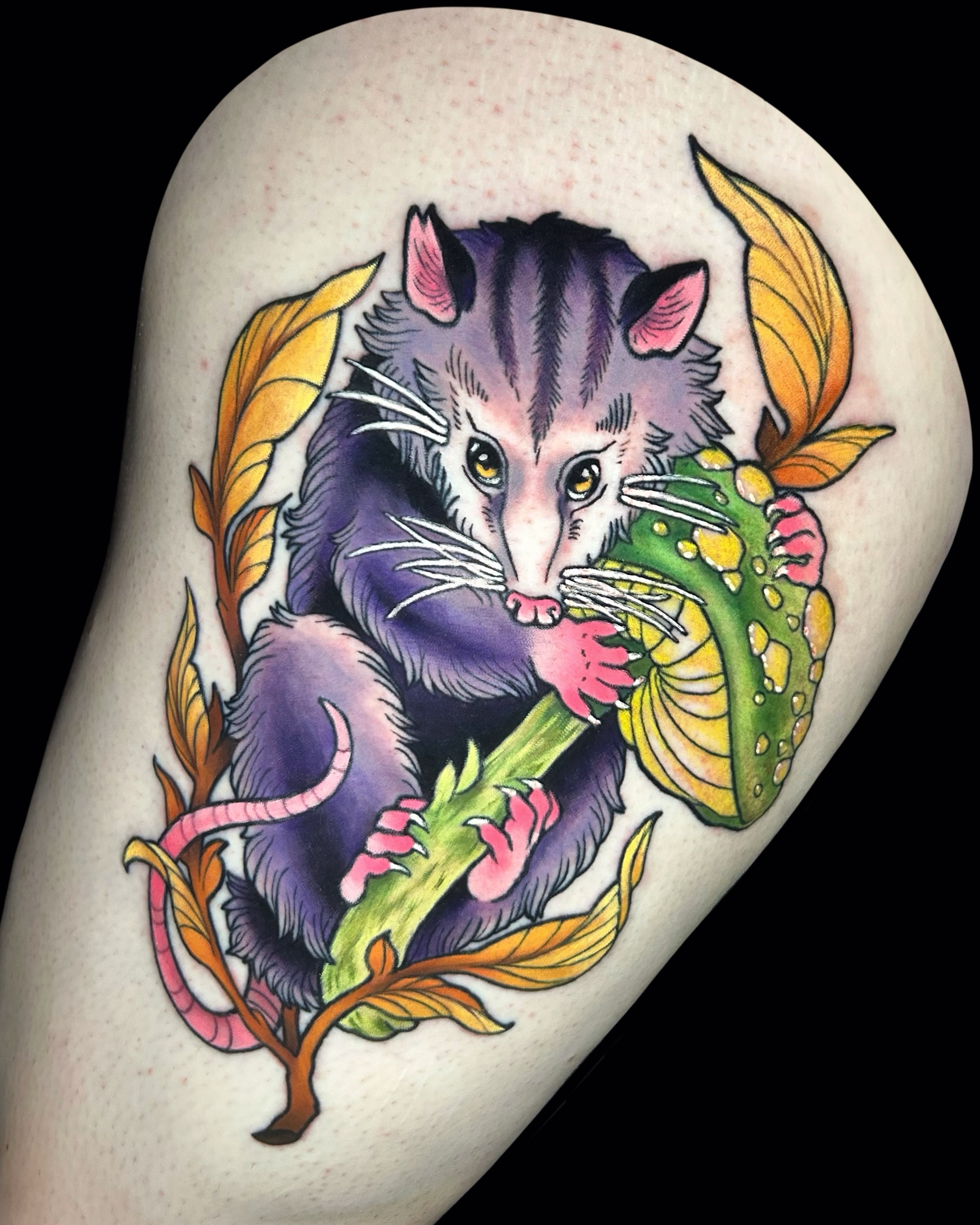 Possum and snake American traditional tattoo on the thigh by Zephyr