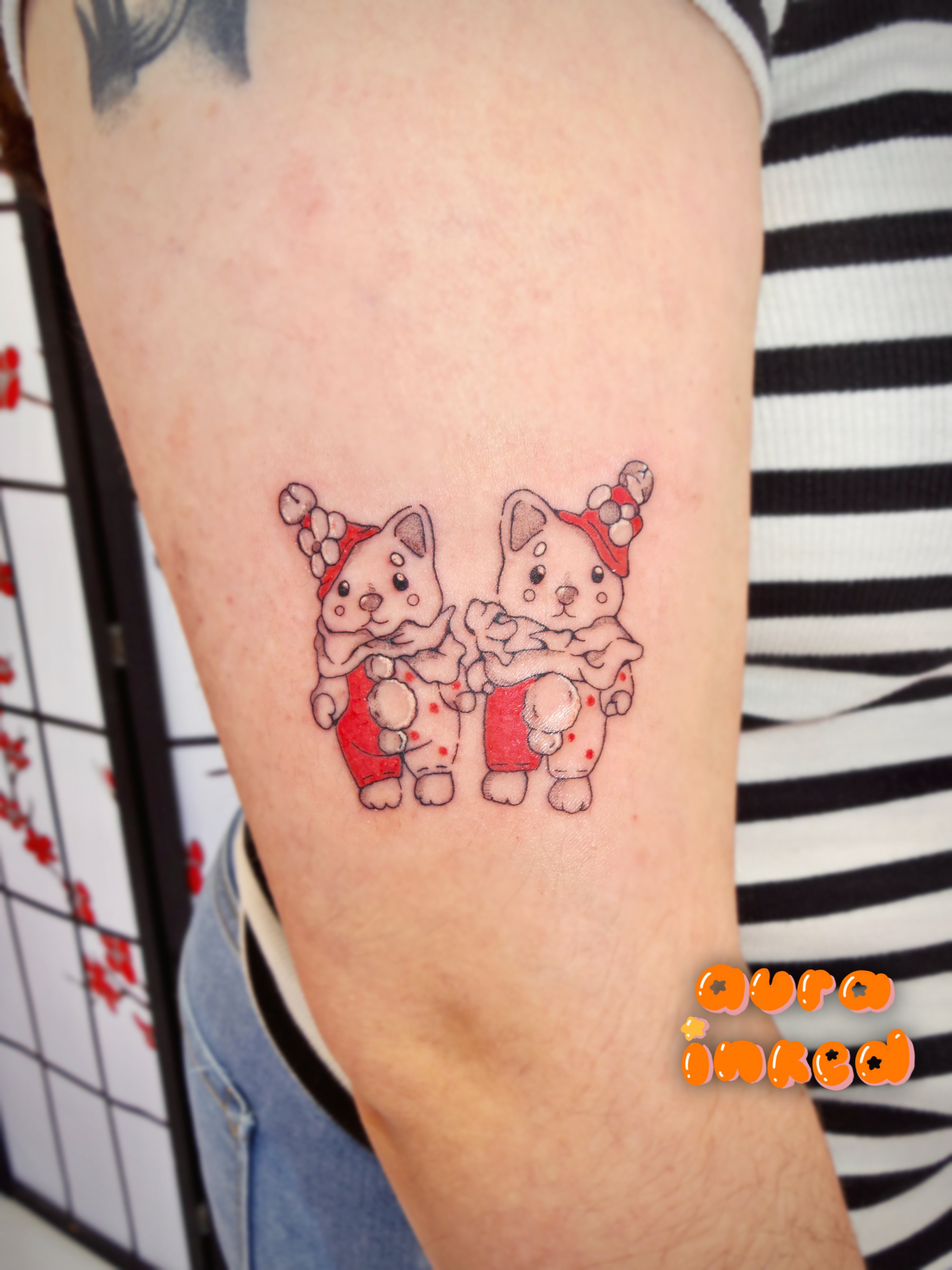 Two teddy bears dotwork tattoo on the forearm by Delly ⌯