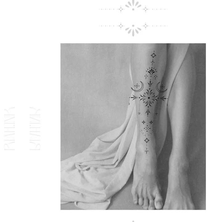 Celestial ornamental design tattoo on the calf by Nils Bashirian