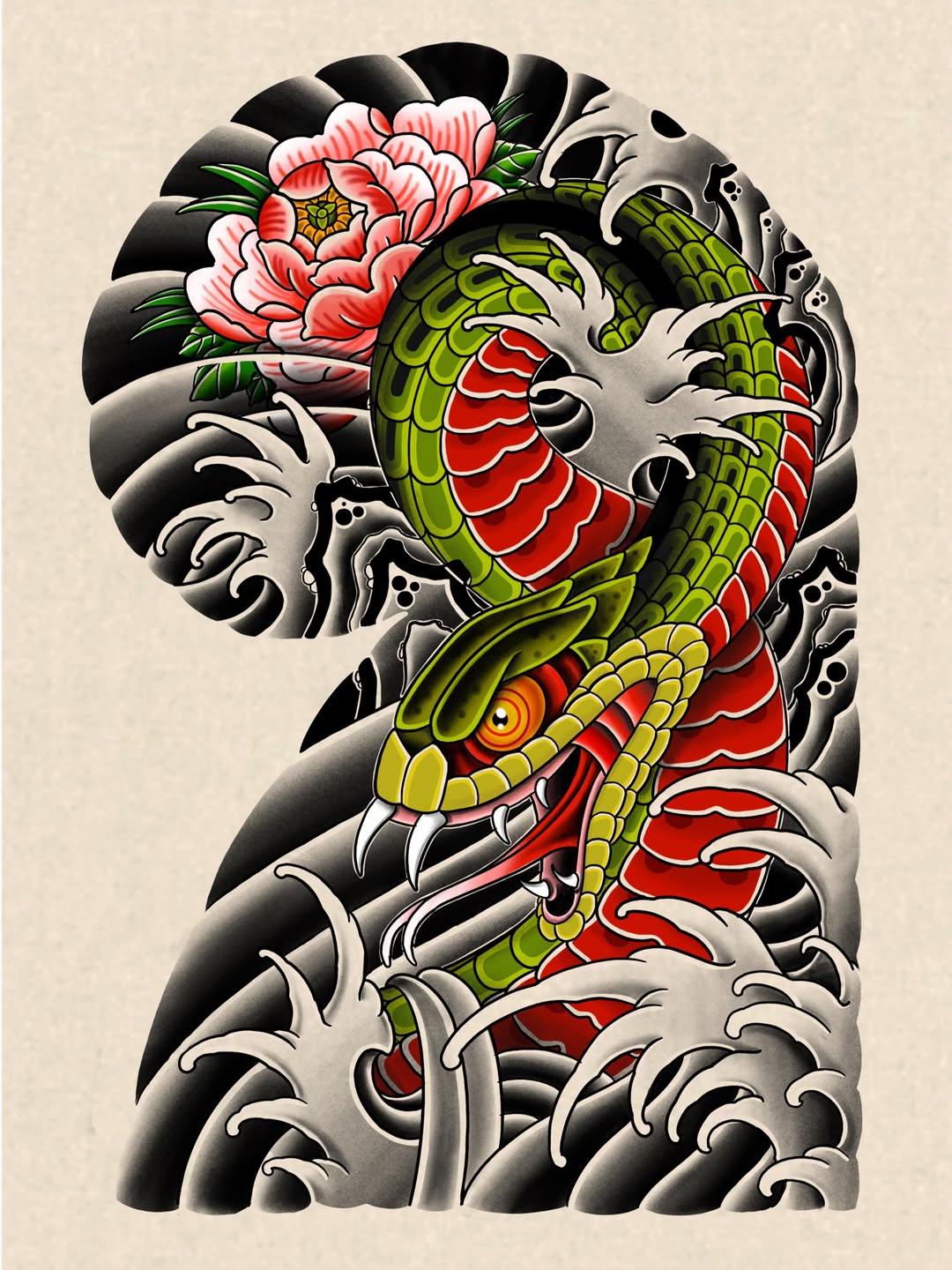 Snake and peony American traditional tattoo on the upper arm by Eoghann McGregor