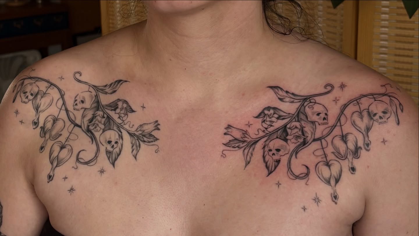 Bleeding heart and skull black and grey tattoo on the chest by emery ♡ slc utah tattoo artist