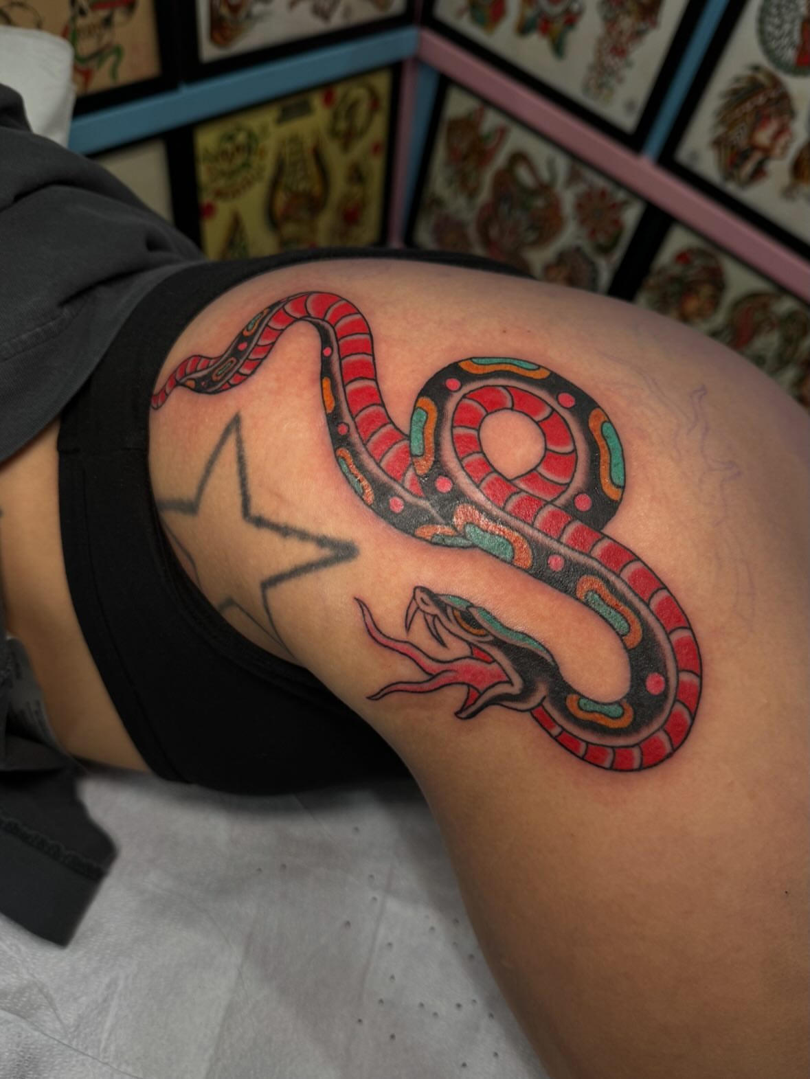 Snake American traditional tattoo on the thigh by B