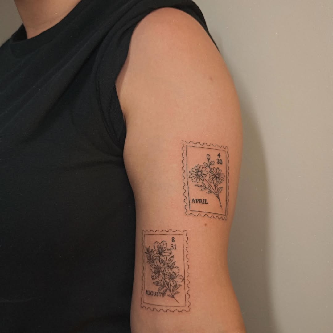 Postage stamps black and grey tattoo on the forearm by Ashlee Burkey