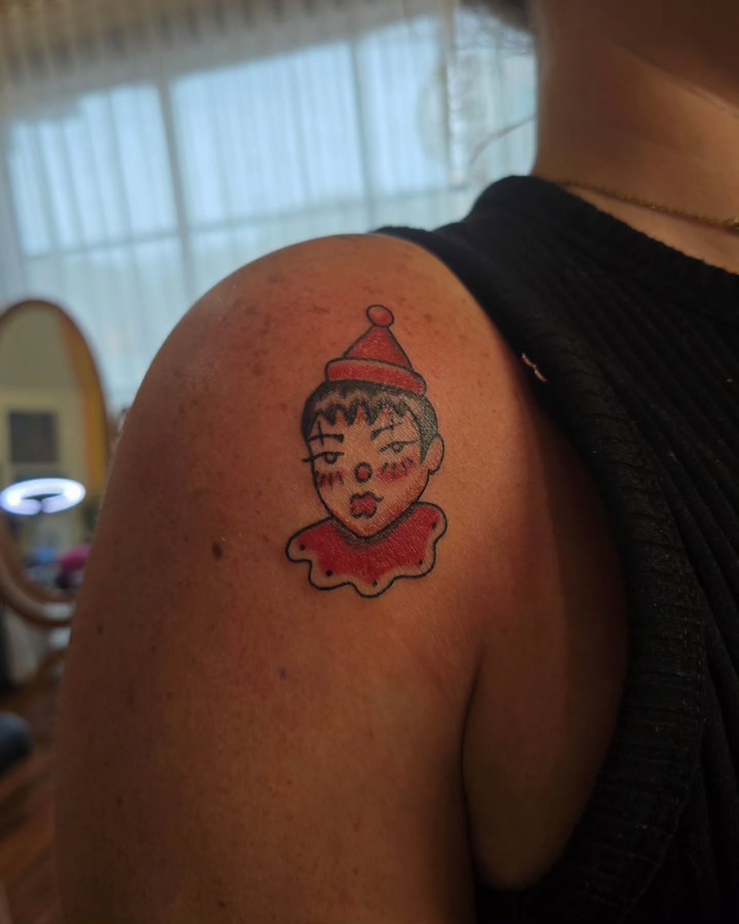 Clown dotwork tattoo on the shoulder by jo(rdan)