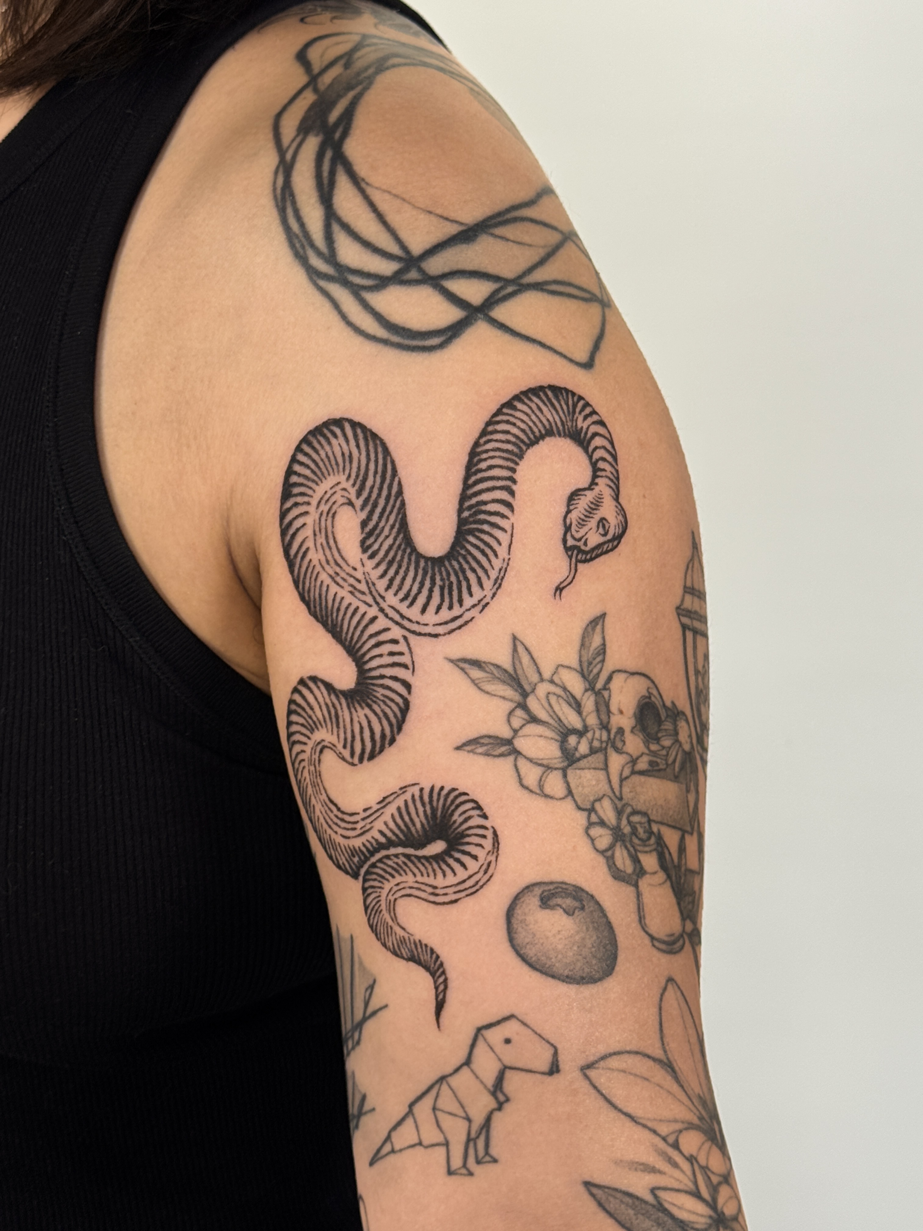 Snake and flowers black and grey tattoo on the upper arm by Ash - Fineline Tattoo Apprentice