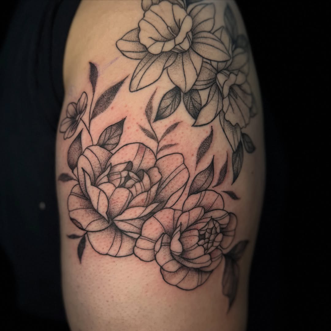 Peonies dotwork tattoo on the shoulder by ✧˖°. Jordan