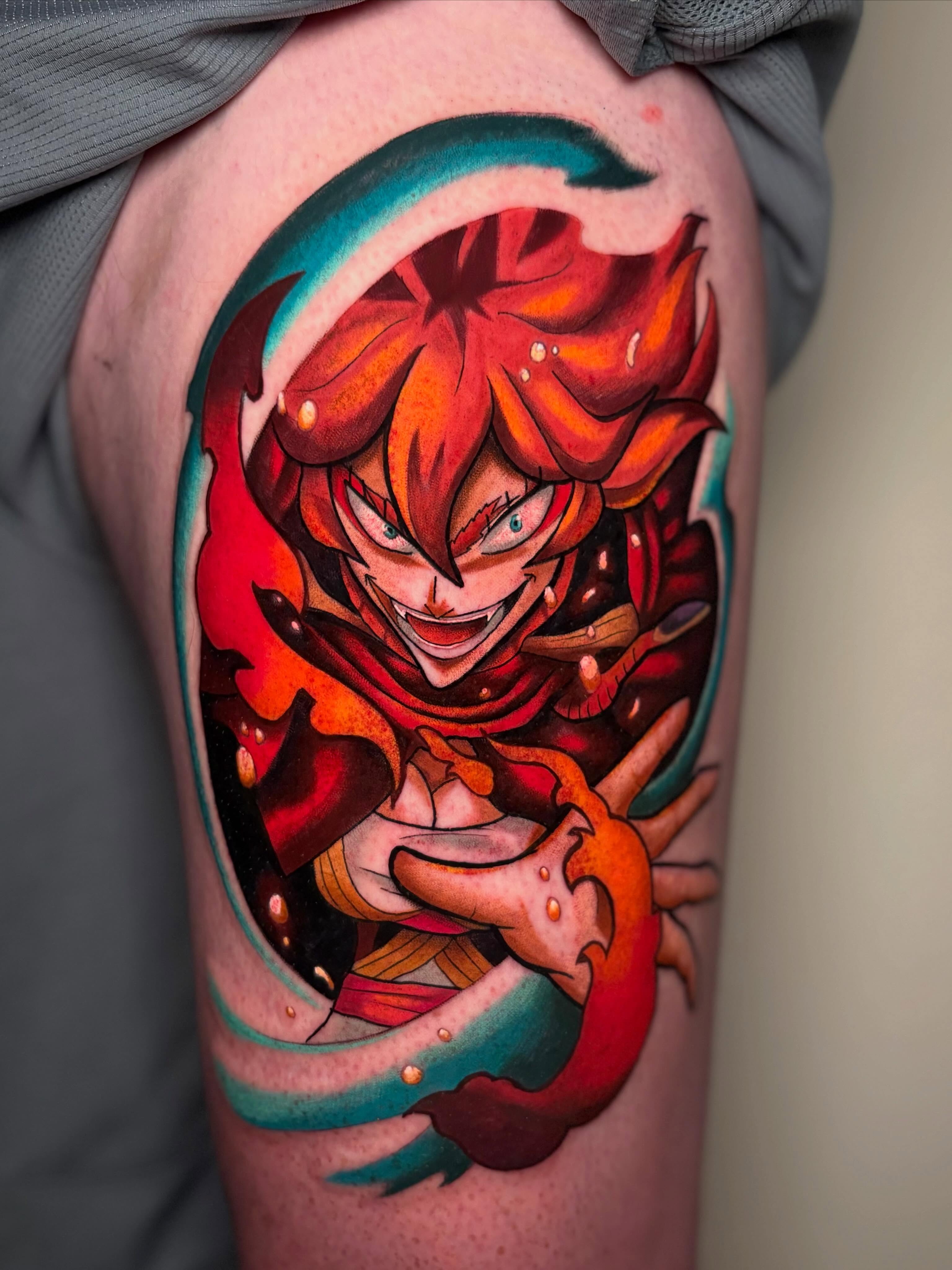 Anime character anime tattoo on the thigh by Jess