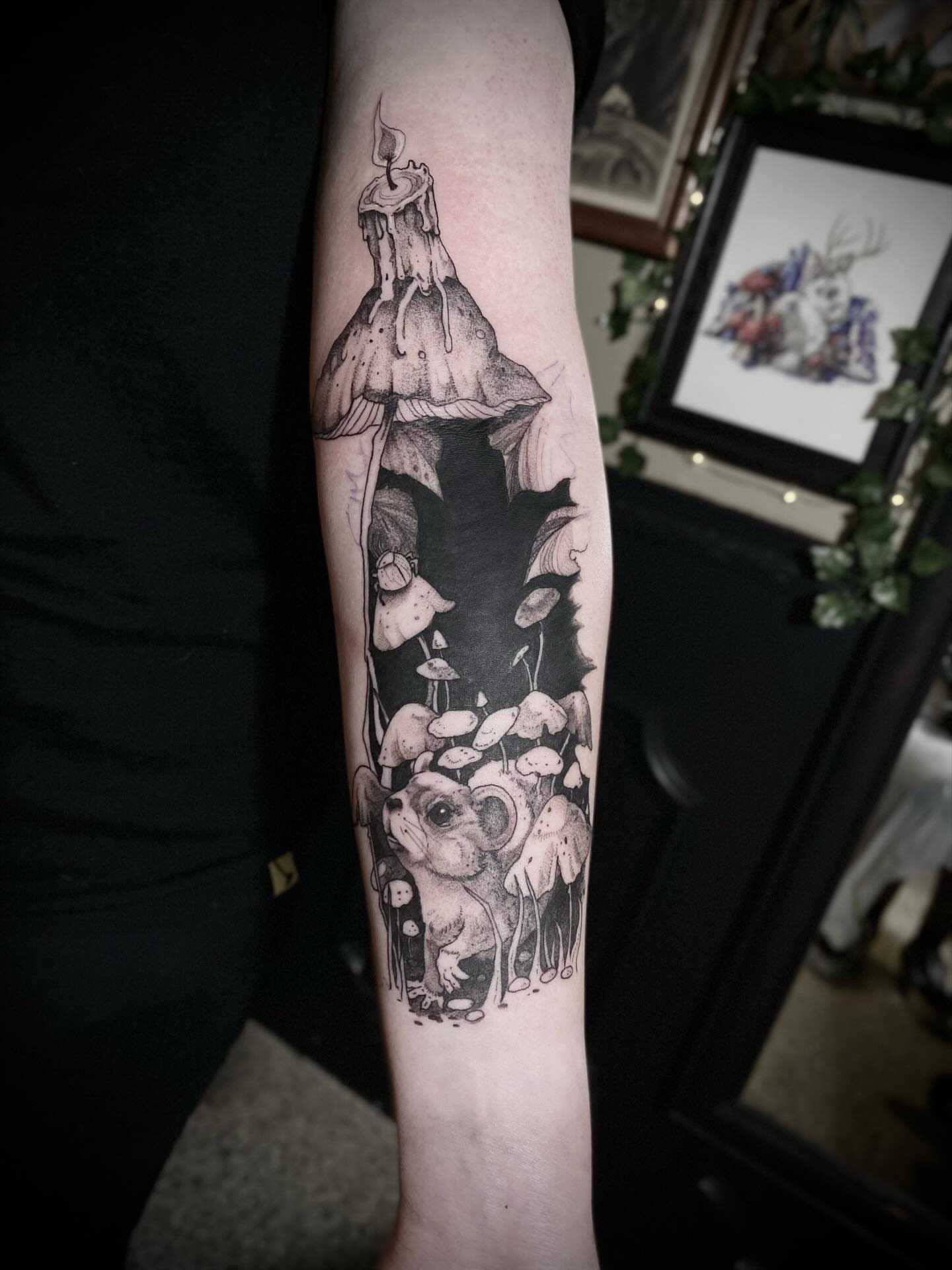 Mushroom forest with creature surrealism tattoo on the forearm by Olivia Scott - Kansas Tattoo Artist