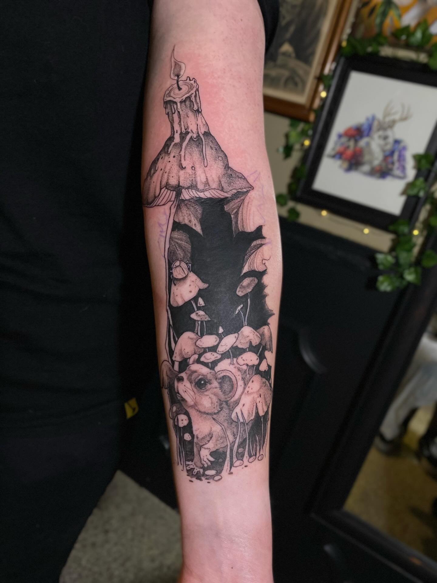 Mushroom forest dotwork tattoo on the forearm by Olivia Scott - Kansas Tattoo Artist
