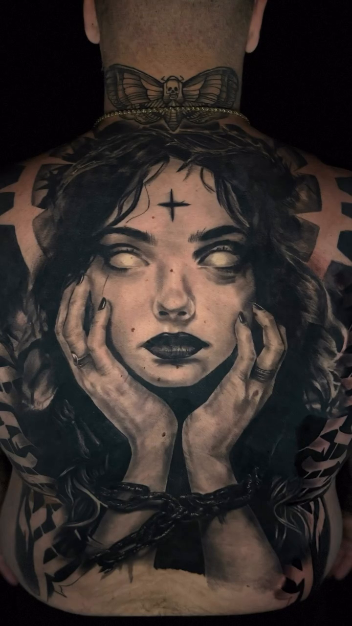 Woman with crown dark realism tattoo by Dustin Kaiser, Mentor, Ohio