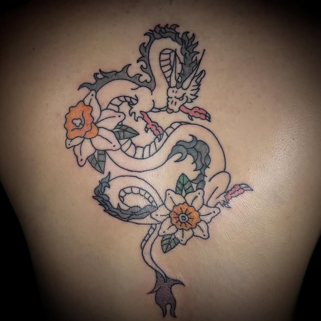 Dragon with flowers watercolor tattoo on the back by Tatts By Bryan B 🇲🇽 - SLC