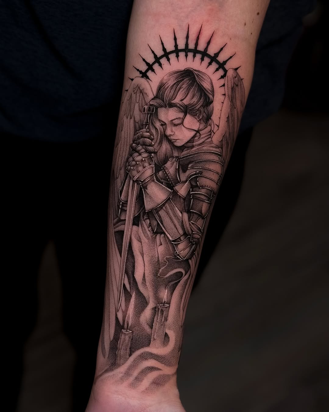 Angel with sword and candles realism tattoo on the forearm by ♡ 𝕍𝕚𝕔𝕥𝕠𝕣𝕚𝕒 ℍ𝕠𝕝𝕞𝕖𝕤 ♡, Avon, Ohio