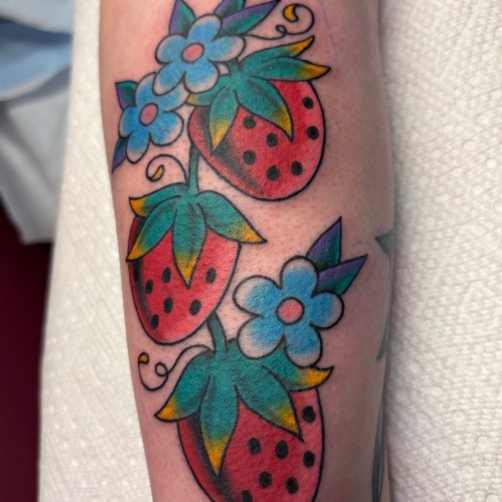 Strawberries and flowers American traditional tattoo on the forearm by ❁ Tat2friend ❁