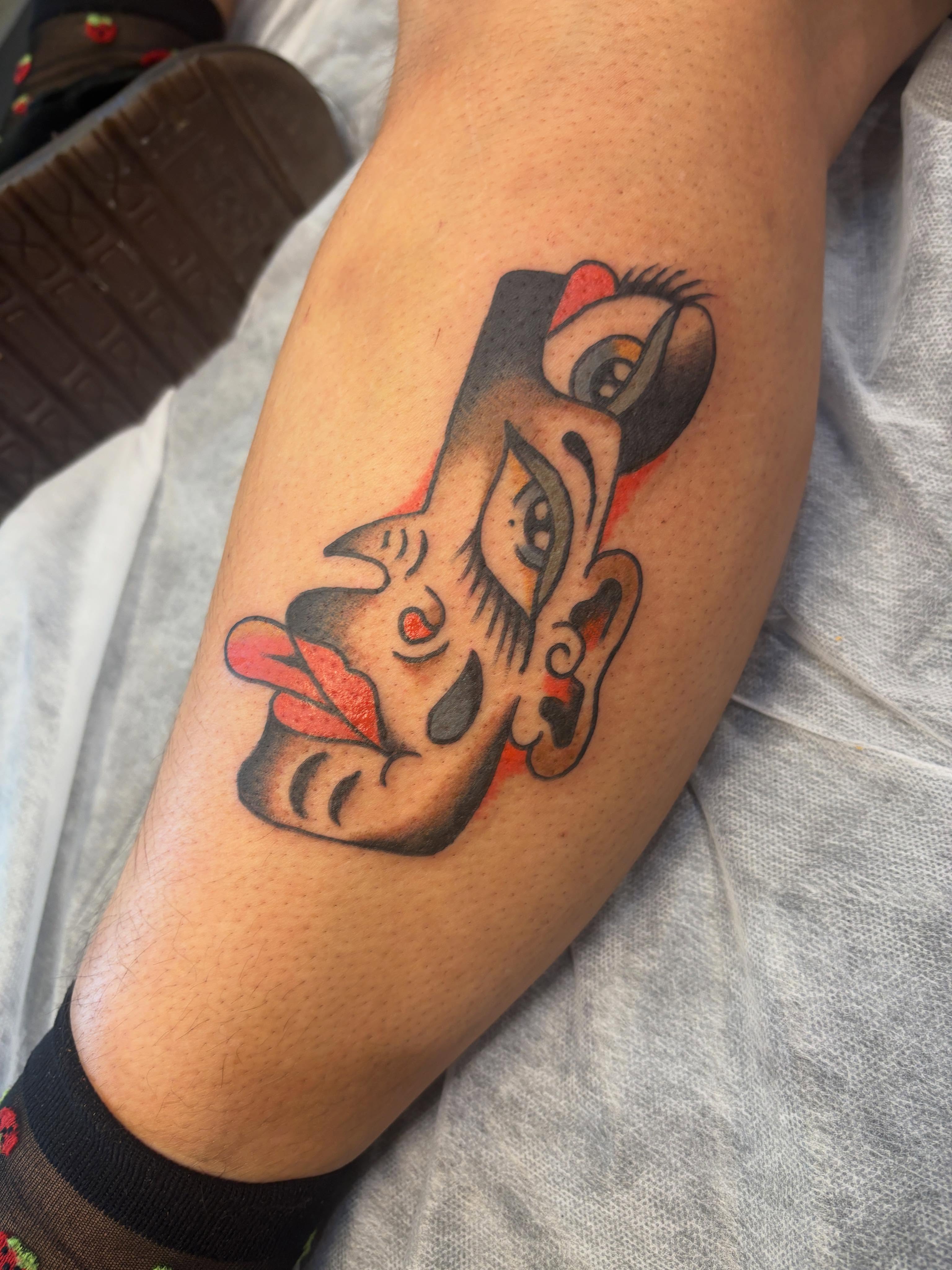 Cat American traditional tattoo on the forearm by Sammy Tattoo, Austin, Texas