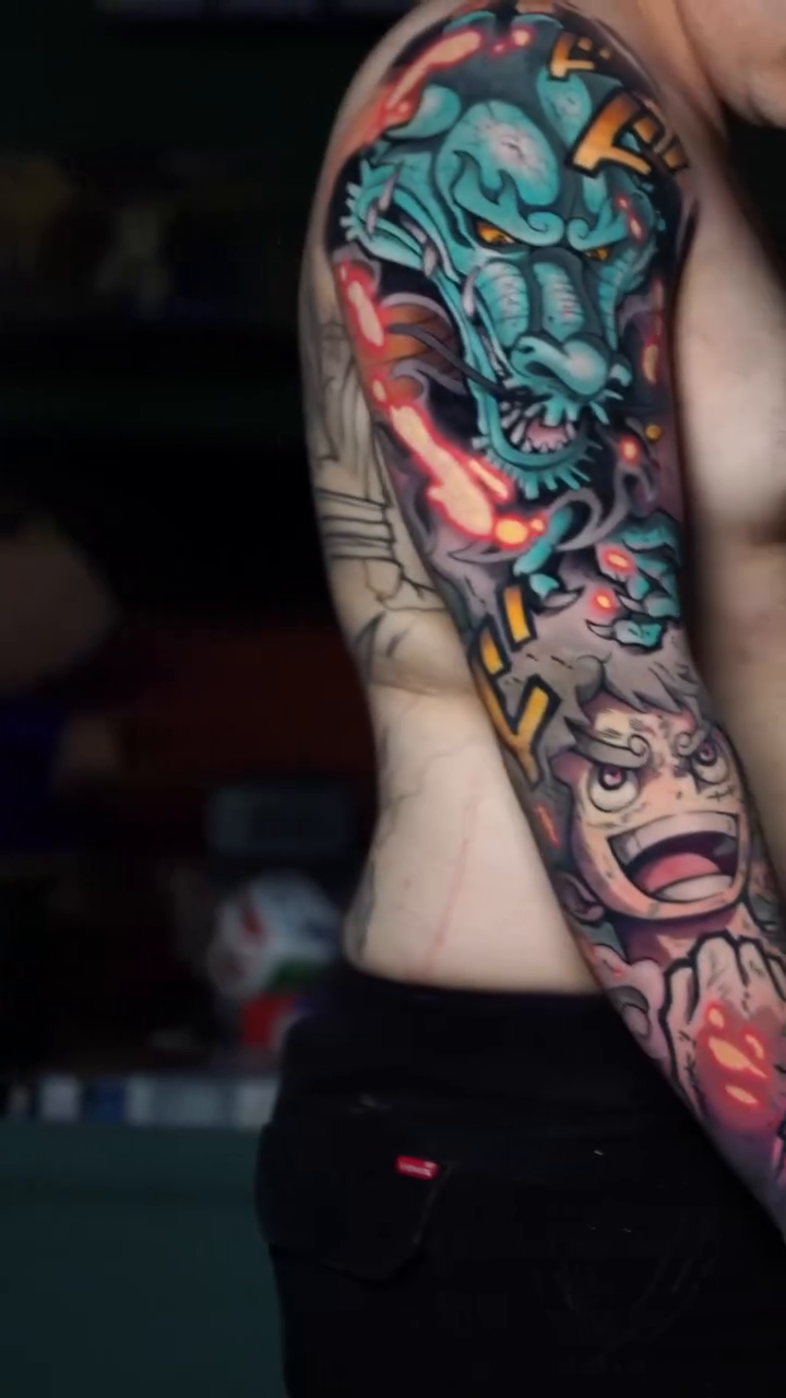 Dragon and anime character sleeve japanese irezumi tattoo by Anime