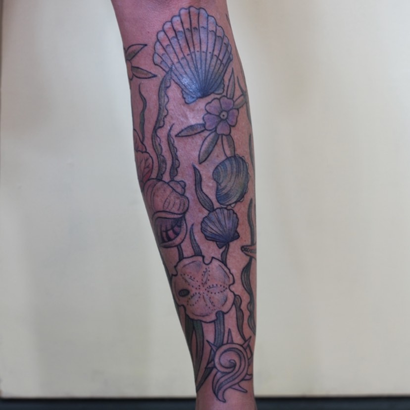 Seashells and flowers American traditional tattoo on the forearm by adrienne mae ❀