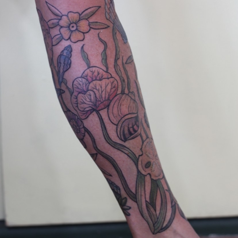 Floral arrangement new school tattoo on the forearm by adrienne mae ❀