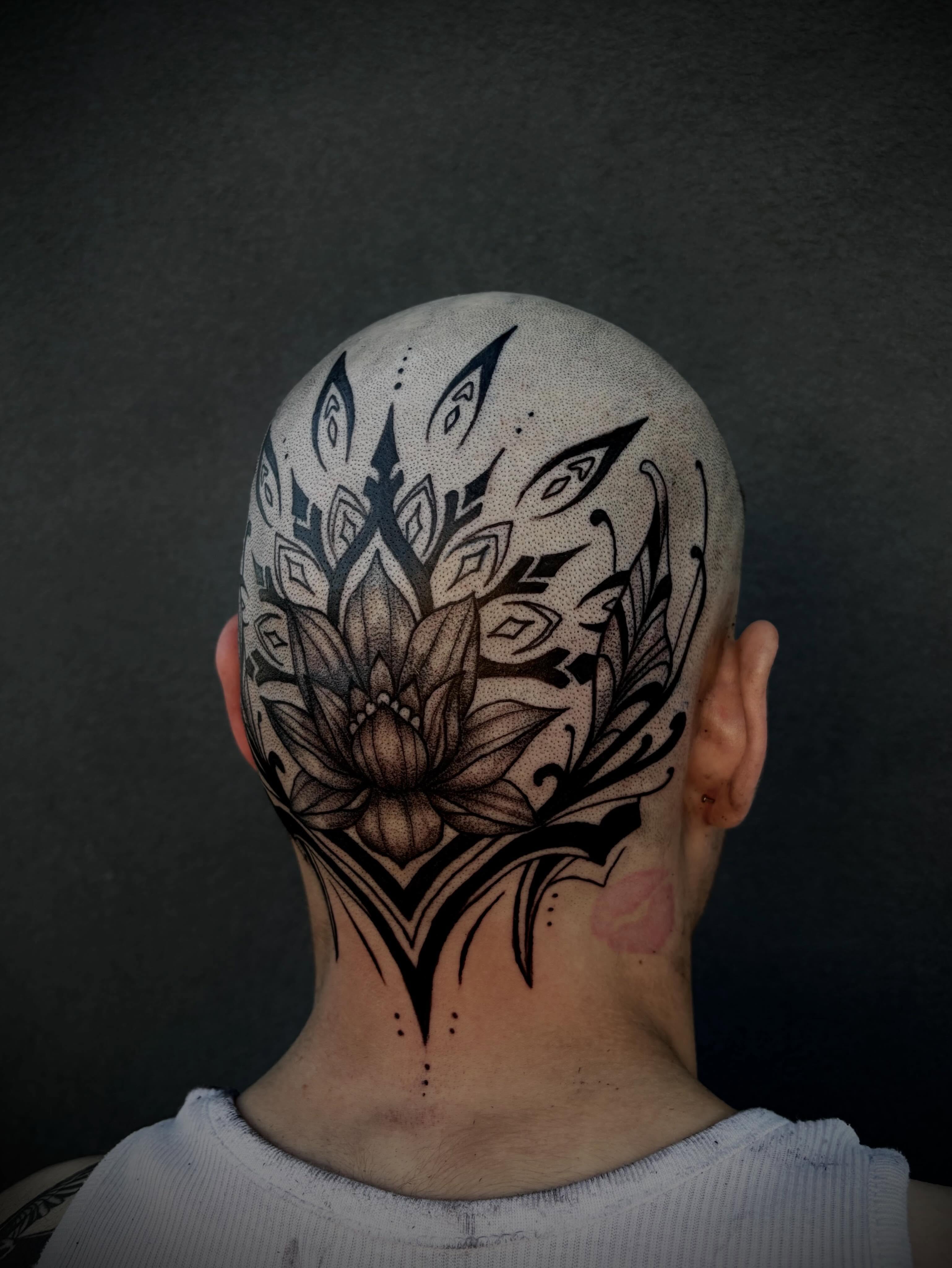 Lotus flower black and grey tattoo on the head by Tattoo Artist Lilliann:)