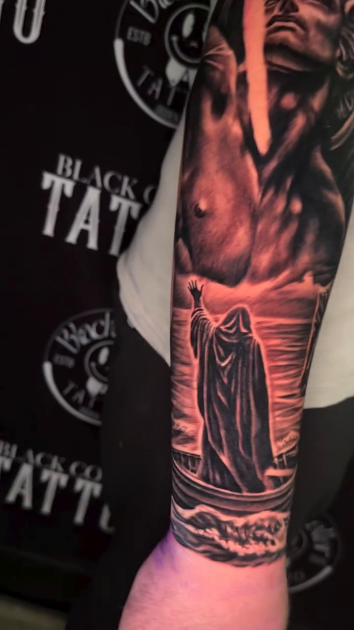 Mythological figures and a hooded figure realism tattoo by InkFloyd Roith
