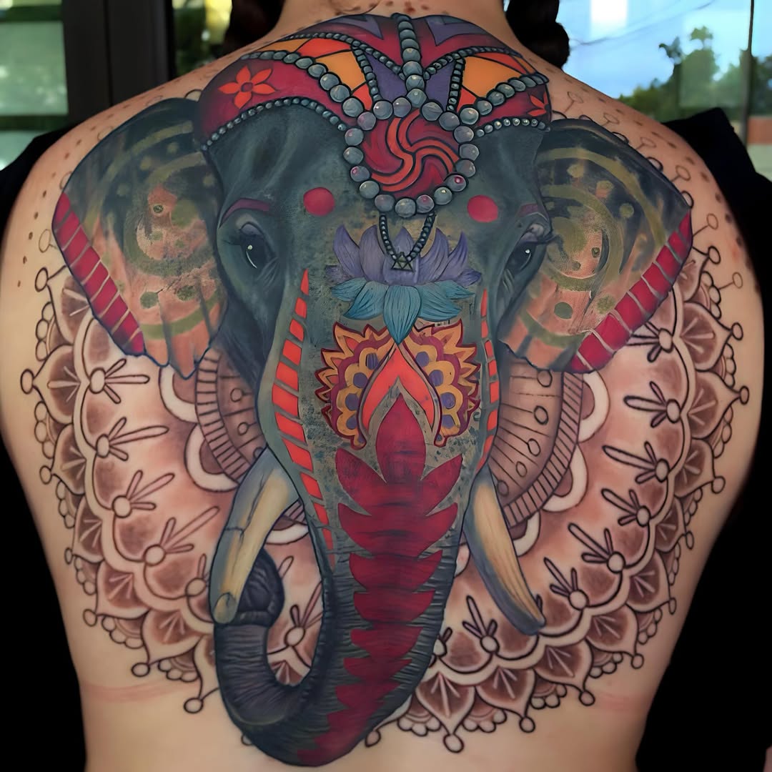 Ornate elephant with mandala geometric tattoo on the back by Patrick Delvar